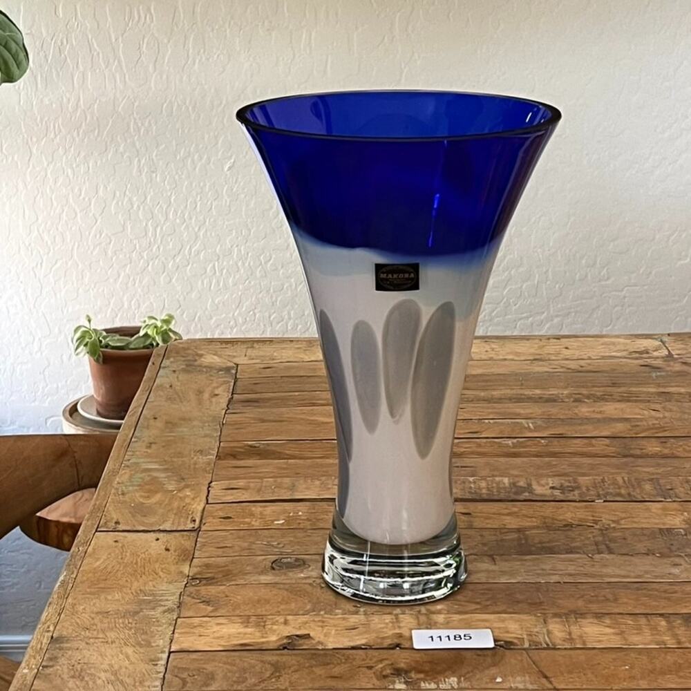 Makora Cobalt Blue Trim Hand-blown Glass Vase 12.5" Tall Made in Poland - Picture 11 of 13